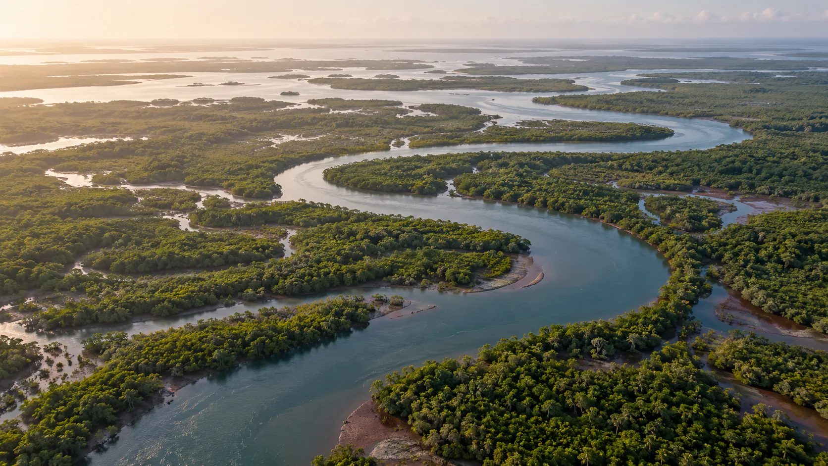 Recreación visual aérea generada de canales de marea entre manglares inspirados en el estuario del Cacheu