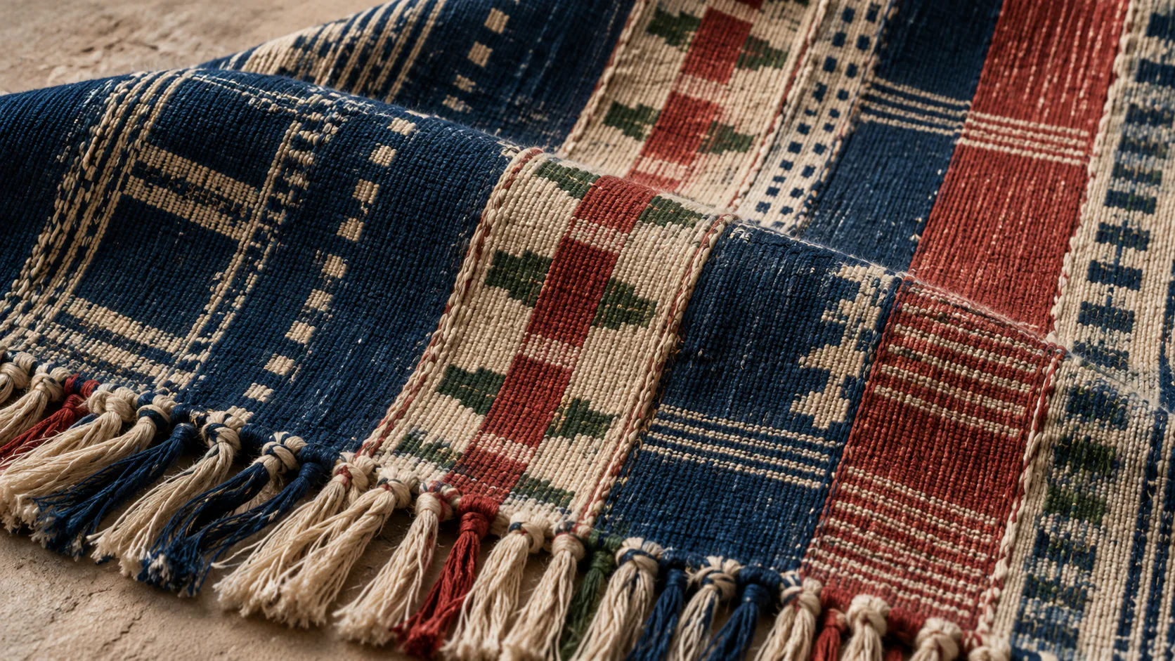 Macro de un diseño textil original de bandas, costuras y flecos